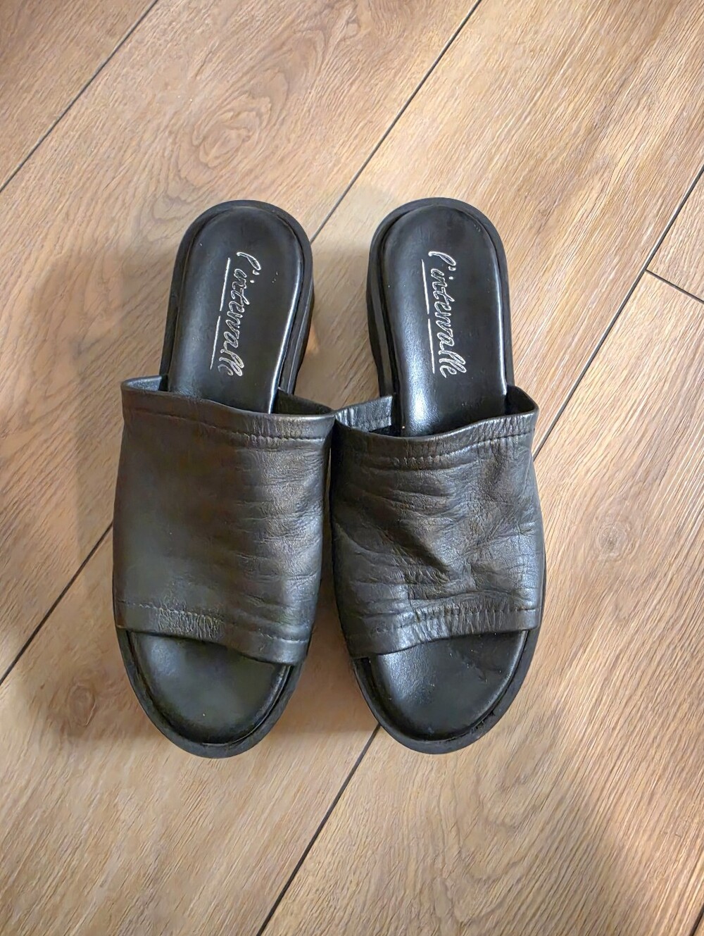 L'INTERVALLE Positive Black Leather Platform Wedge Sandals Size 9